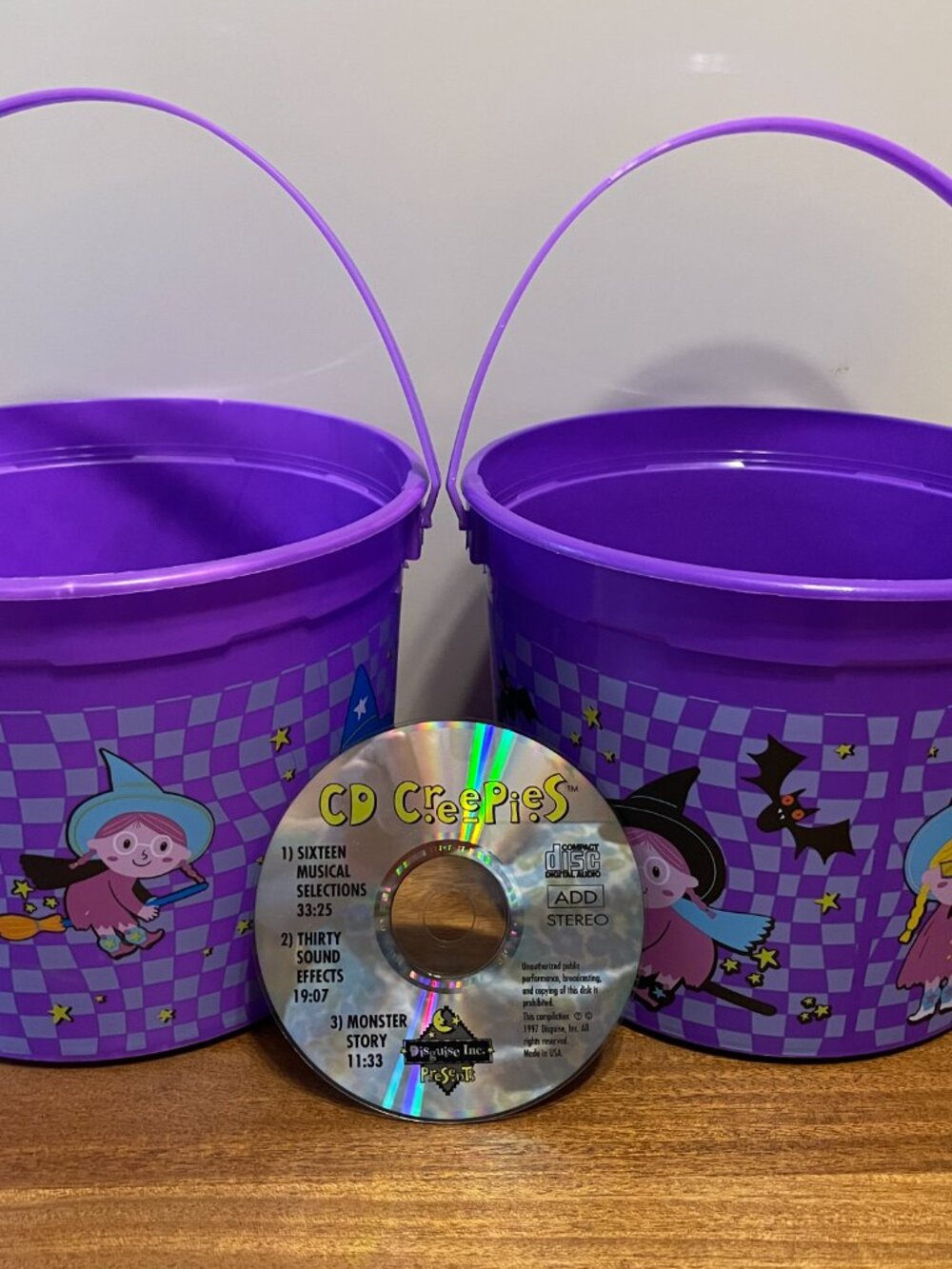 "CD Creepies" w/spooky sounds, songs & monster story + 2 Halloween treat buckets
